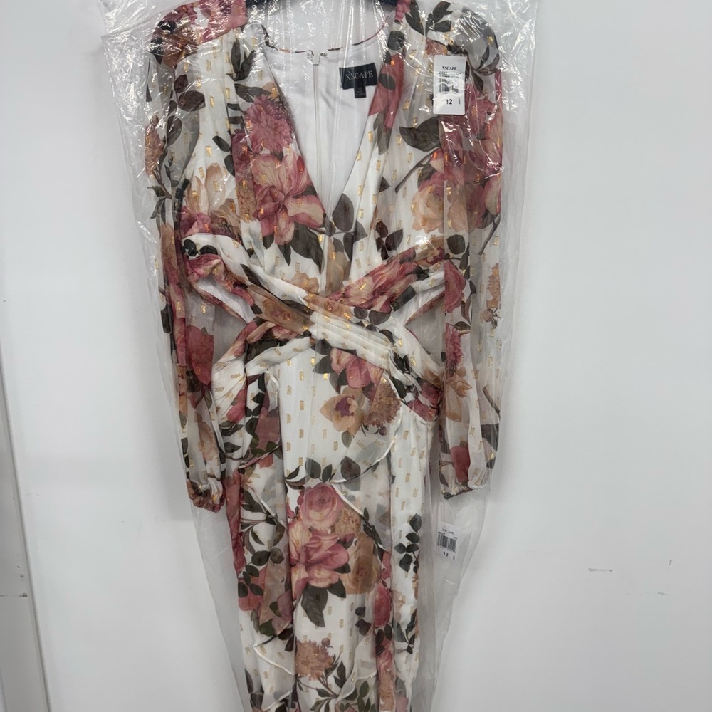 Xscape Pink and White Long Puff Sleeve Sheath Dress